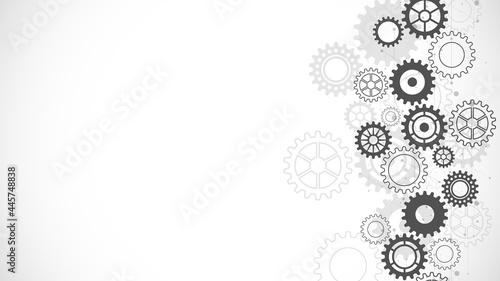 Cogs and gear wheel mechanisms. Concepts and ideas for hi-tech digital technology and engineering design. Abstract technical background of mechanical engineering
