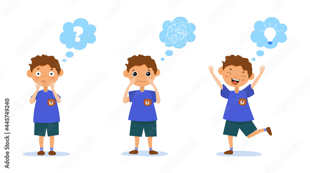 Emotions of child concept. The surprised boy asks survey, the boy is confused and crying, the boy has come up withmnew idea. Cartoon modern flat vector illustration set isolated on a white background