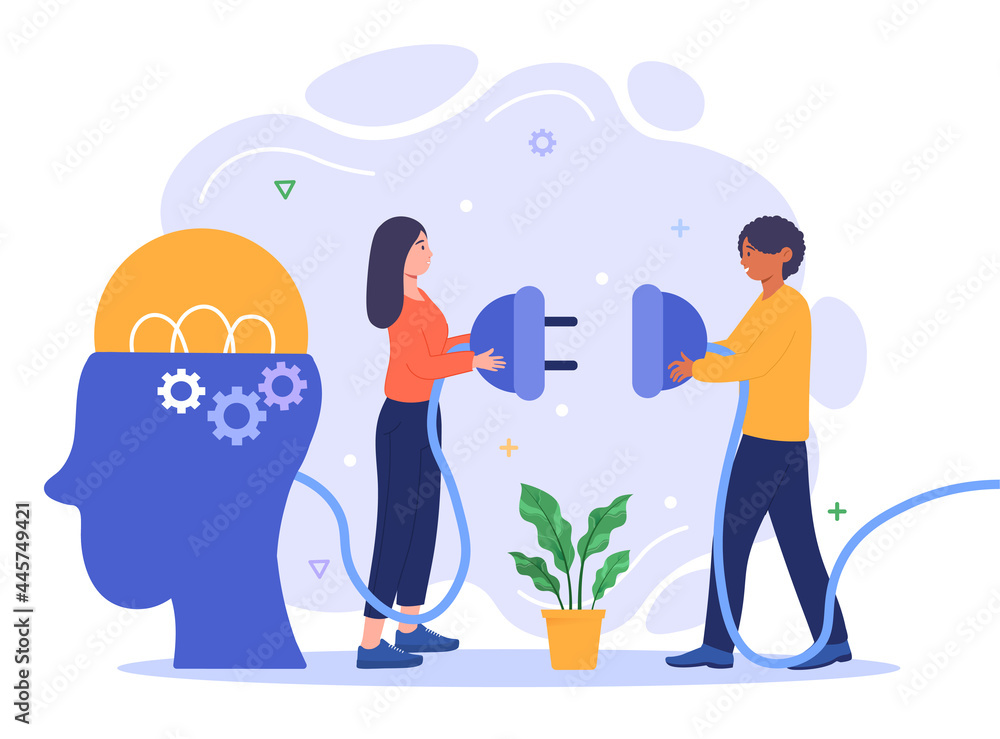 Brain charging concept. Man and a woman plug a plug into an outlet and supply electricity to the brain. A metaphor for learning and generating new ideas. Flat vector illustration on a white background
