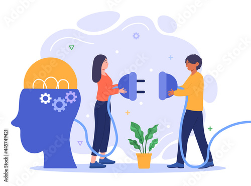 Brain charging concept. Man and a woman plug a plug into an outlet and supply electricity to the brain. A metaphor for learning and generating new ideas. Flat vector illustration on a white background