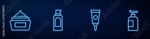 Set line Cream or lotion cosmetic tube, , Spray can for hairspray and . Glowing neon icon on brick wall. Vector