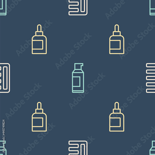 Set line Hairbrush, Cream or lotion cosmetic tube and Spray can for hairspray on seamless pattern. Vector