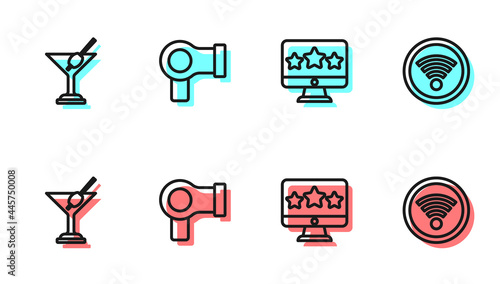 Set line Five stars rating review, Martini glass, Hair dryer and Wi-Fi wireless icon. Vector
