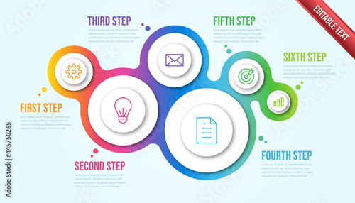 Business infographic six steps. Colorful bubble modern timeline infographic template.