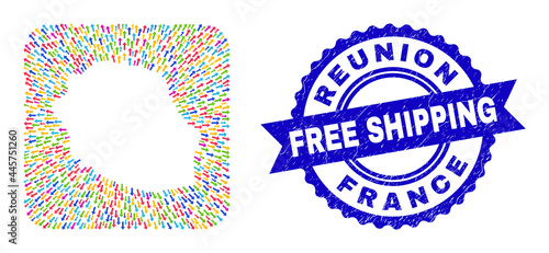 Vector collage Reunion Island map of direction arrows and scratched Free Shipping seal. Mosaic Reunion Island map constructed as hole from rounded square with motion arrows.