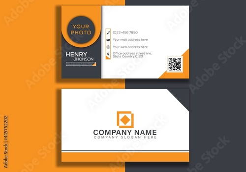 Horizontal white and yellow with shapes business card. Double-sided creative business card template. Portrait and landscape orientation. Horizontal and vertical layout. Vector illustration rounded