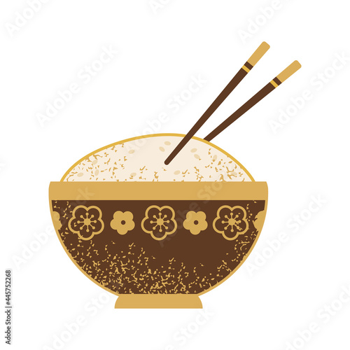 Beautiful golden bowl with rice and black chopsticks icon on a white background. Food in a minimalistic Asian style for a restaurant. Traditional food of Asia, Japan and China. Sushi cafe logo