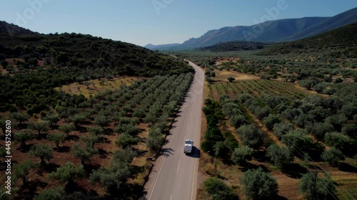 Kalamata Greece Olive Plantation Aerial View with Car on the Road and Olive Tree Aerial Drone Shot.