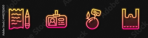 Set line Supermarket food products with price label, Shopping list and pencil, Identification badge and Paper shopping bag. Glowing neon icon. Vector