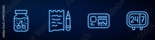 Set line Identification badge, Jam jar, Shopping list and pencil and Clock 24 hours. Glowing neon icon on brick wall. Vector