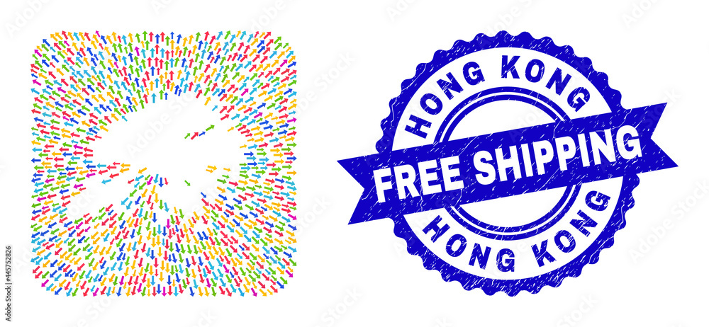 Vector mosaic Hong Kong map of leaving arrows and scratched Free Shipping badge. Mosaic Hong Kong map designed as hole from rounded square with arrows. Vector mosaic Hong Kong map of leaving arrows and scratched Free Shipping badge. Mosaic Hong Kong map designed as hole from rounded square with arrows.