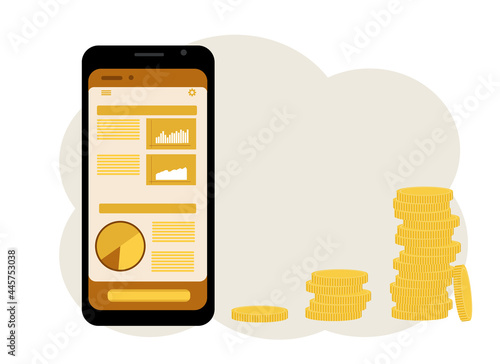 The concept of online gaming on the stock exchange. Phone with graphs and a bunch of coins next to it
