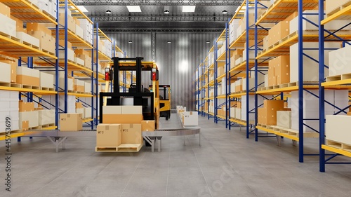 Warehouse with cardboard boxes inside on pallets racks, logistic center. Loft modern warehouse. Cardboard boxes on a conveyor belt in a warehouse, 3D rendering VR 360. 