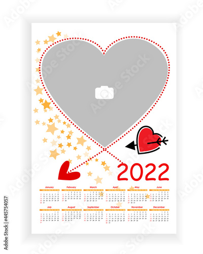 Wall Photo Calendar 2022. Beautiful, vertical photo calendar template with heart. Calendar design 2022 year in English. Week starts from Sunday. Vector illustration