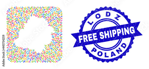 Vector collage Lodz Voivodeship map of motion arrows and grunge Free Shipping seal. Collage Lodz Voivodeship map constructed as hole from rounded square with emigration arrows.