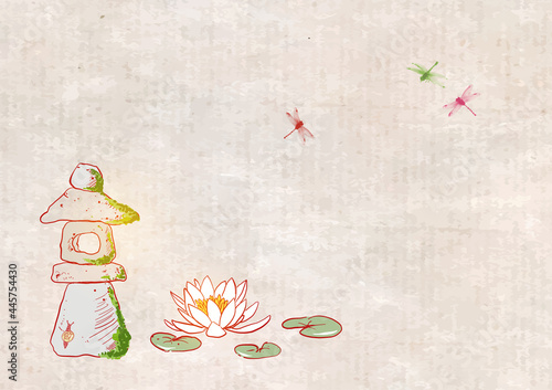 Toro stone lantern, lotus flower and dragonflies on vintage background. Japansese zen garden composition