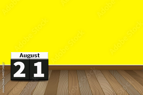 August 21. Image of august 21, calendar on yellow background with space for text. Summertime