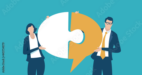 Completing Idea. Unity, partnership concept. Two business persons completing speech bubble, metaphorical representation of an idea. Business vector concept illustration