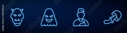 Set line Wizard warlock, Mask of the devil with horns, Ghost and Psilocybin mushroom. Glowing neon icon on brick wall. Vector