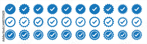 Set of blue check mark badge icons. Tick style Vector illustration. Profile verification icons.