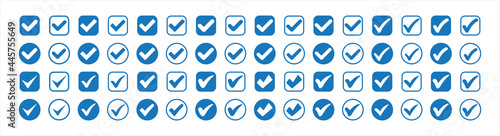 Set of blue check mark badge icons. Tick style Vector illustration. Profile verification icons.