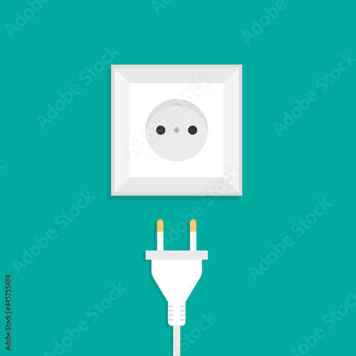 White international AC power plug and socket. Electrical outlet. Vector illustration in a trendy flat style. Front view.