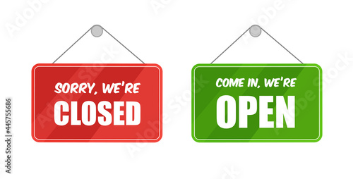 Open and closed signs for door isolated on white background. Vector template. Front view.