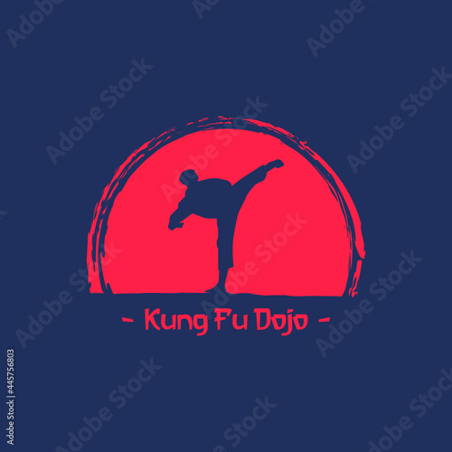 Kung fu Dojo logo design, with silhouettes of people doing kung fu and abstract circles