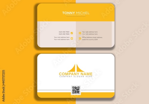 Horizontal yellow and blue with map and shapes business card Double-sided creative business card template. Portrait and landscape orientation. Horizontal and vertical layout. Vector illustration round