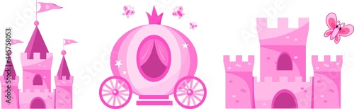 Pink girlish cartoon princess and royal majesty vector set with carriage, castle, palace, fortress towers cute illustration isolated on white background