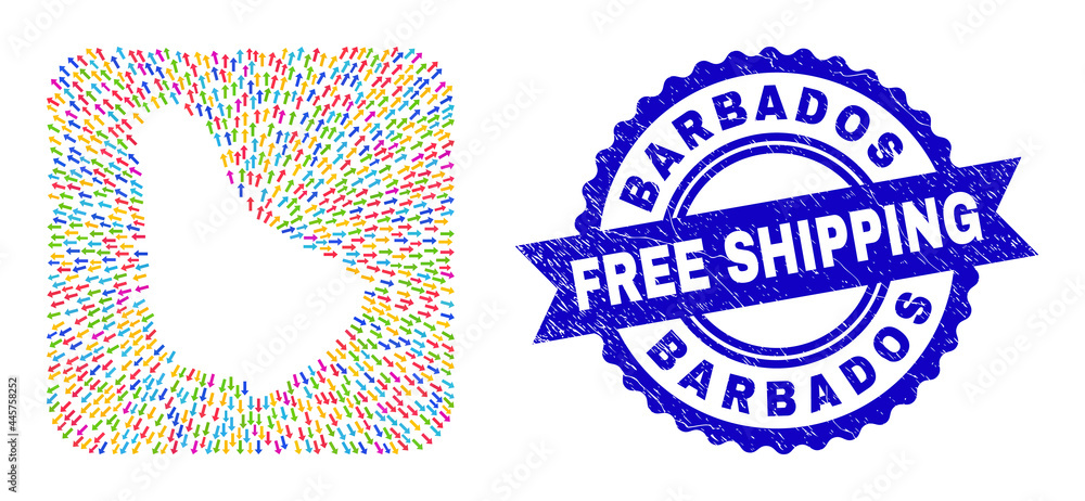 Vector mosaic Barbados map of leaving arrows and grunge Free Shipping badge. Mosaic Barbados map created as carved shape from rounded square shape with moving arrows. Vector mosaic Barbados map of leaving arrows and grunge Free Shipping badge. Mosaic Barbados map created as carved shape from rounded square shape with moving arrows.