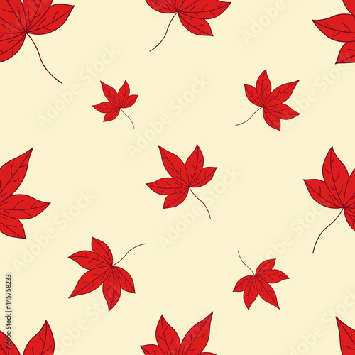 Seamless autumn leaves pattern. Red fall leaves. Pattern in flat style. Leaves in autumn colors. Background for your cards, illustrations, wallpaper, gift paper. 