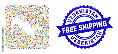 Vector mosaic Uzbekistan map of away arrows and grunge Free Shipping seal. Mosaic Uzbekistan map designed as hole from rounded square with abandon arrows.