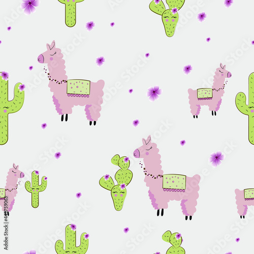 Cute pink llama, alpaca and cactus seamless pattern design. Fashionable cartoon llama vector background
