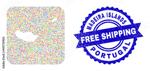 Vector collage Madeira Islands map of delivery arrows and rubber Free Shipping stamp. Collage Madeira Islands map designed as hole from rounded square with pointer arrows.