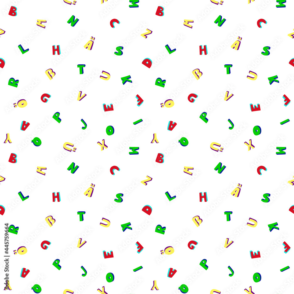 Fototapeta Vector seamless pattern with German alphabet.Hand drawn characters,green,red,yellow,3D effect.Latin script,Roman lettering.Font elements.Umlaut, eszett.For games,school,books,print.Children education