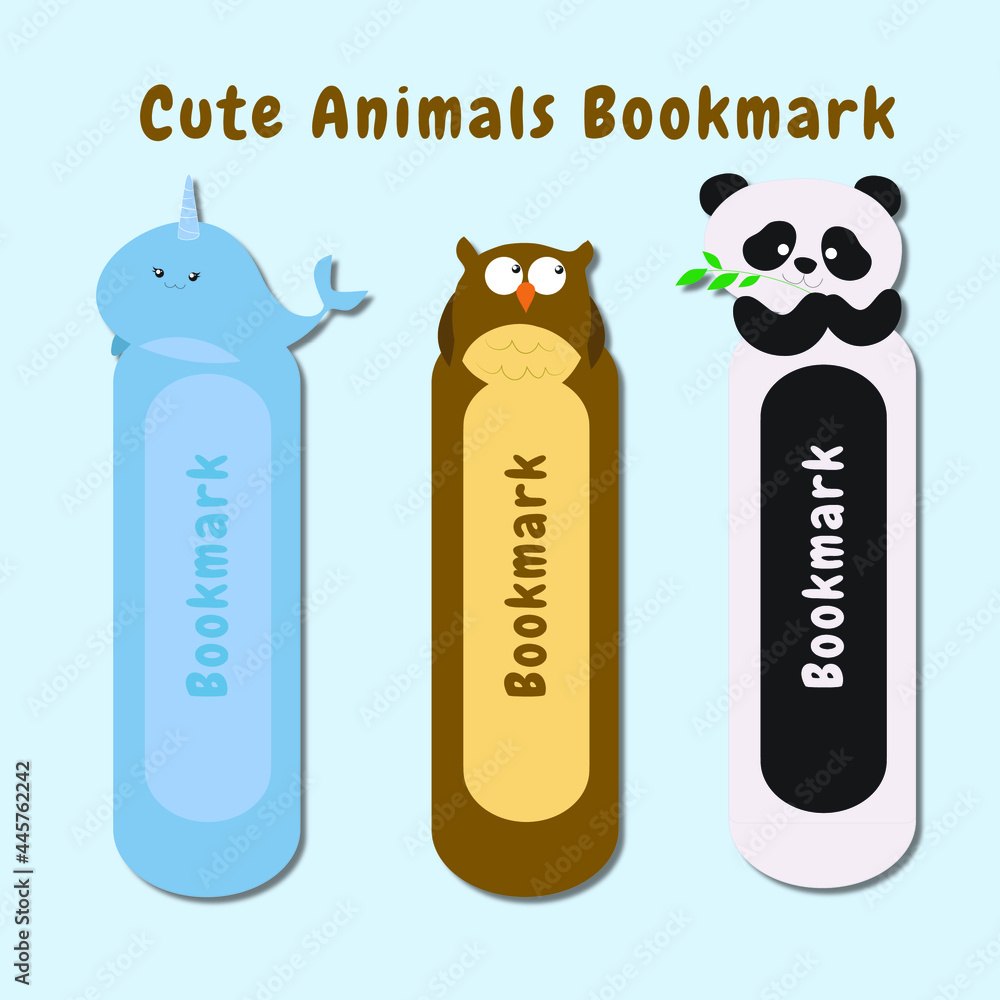 Vector set of bookmarks for children with cute animals theme. Vertical layout cards templates. Colorful and cute stationery for kids. Narwhal, owl and panda bookmark templates. Vector set of bookmarks for children with cute animals theme. Vertical layout cards templates. Colorful and cute stationery for kids. Narwhal, owl and panda bookmark templates.