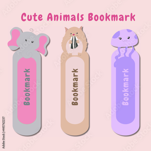 Vector set of bookmarks for children with cute animals theme. Vertical layout cards templates. Colorful and cute stationery for kids. Elephant, hamster and jellyfish bookmark templates.