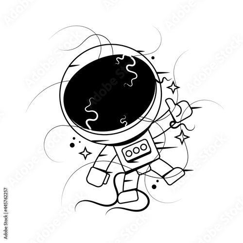 Graphic astronaut with black hole and starry vortex inside his helmet. Vector art isolated on white background. Vector