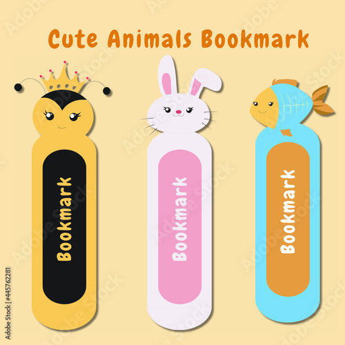 Vector set of bookmarks for children with cute animals theme. Vertical layout cards templates. Colorful and cute stationery for kids. Queen bee, rabbit and xray fish bookmark templates.