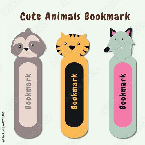 Vector set of bookmarks for children with cute animals theme. Vertical layout cards templates. Colorful and cute stationery for kids. Sloth, tiger and wolf bookmark templates.