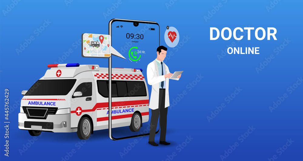 Doctor online service with Ambulance emergency  online on mobile application with ambulance car. On call 24 Hr. Healthcare and medical. Digital health concept. 3D vector illustration