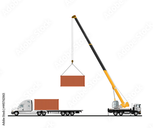Truck crane. The process of unloading a container truck.