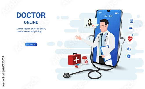 Doctor online on smartphone app with male doctor. Online medical clinic, online medical consultation, tele medicine. Online healthcare and medical consultation. Social distancing. 3D vector