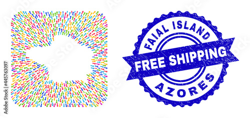 Vector collage Faial Island map of evacuation arrows and scratched Free Shipping seal stamp. Collage Faial Island map constructed as carved shape from rounded square shape with pointer arrows.