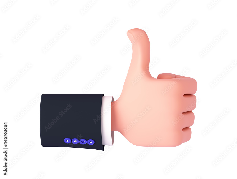 3d rendering, a cartoon hand with a sleeve shows a like sign on the back of the hand. Hand gesture. Isolated on white background 3d rendering, a cartoon hand with a sleeve shows a like sign on the back of the hand. Hand gesture. Isolated on white background