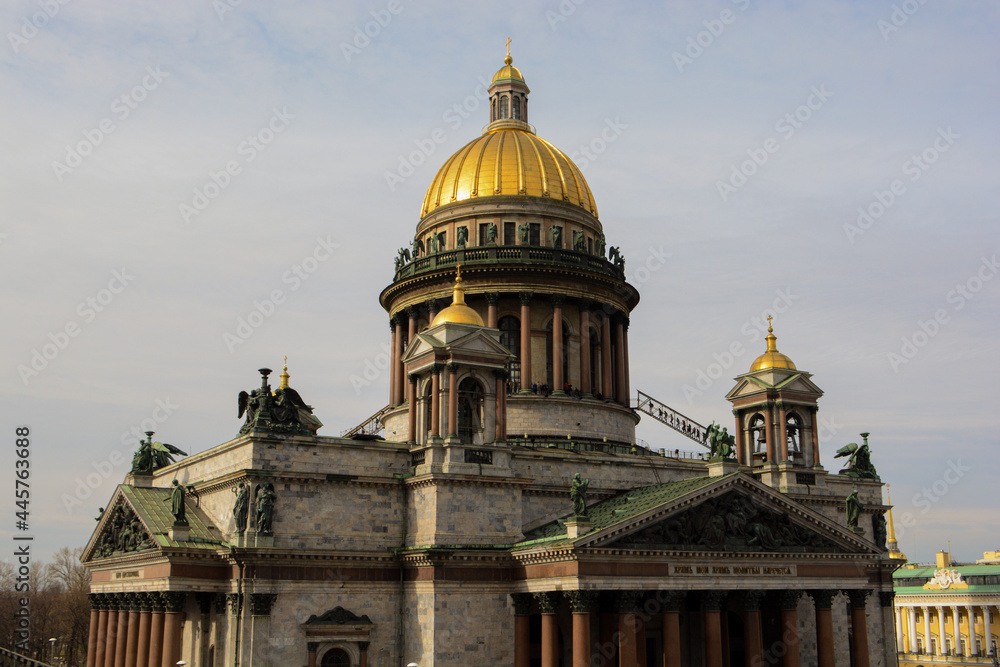 Monumental cathedral with columns in the center of St. Petersburg. St. Isaac's Cathedral, view from the neighboring roof of the building