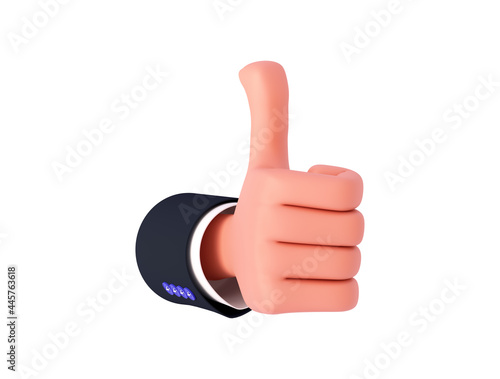 3D render, a cartoon hand with a sleeve turned slightly to the right shows a like sign. Hand gesture. Isolated on white background