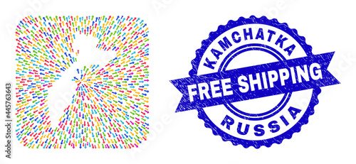 Vector collage Kamchatka map of straight arrows and rubber Free Shipping seal. Collage Kamchatka map created as hole from rounded square shape with leaving arrows.