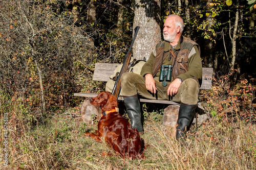On a sunny October afternoon an old, experienced hunter sits with his beautiful Irish Setter hunting dog at the edge of the forest and looks out into his hunting area..